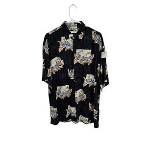 NWT Campia Moda Mens Black Tropical Island Print Short Sleeve Aloha Shirt L